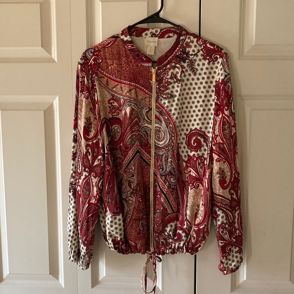 Chico's womens full zip rayon red paisley bomber drawstring waist size 2 (XL)